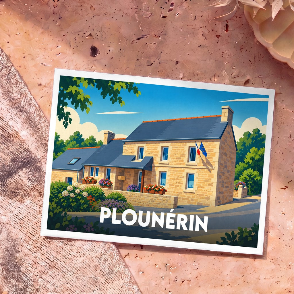 Carte postale souvenir de la ville de Plounérin illustrant une maison bretonne traditionnelle en pierre sous un ciel bleu.