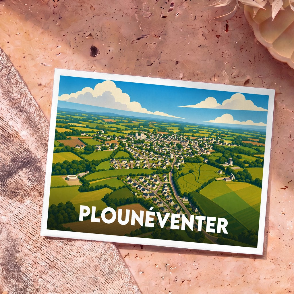 Carte postale souvenir de la ville de Plounéventer avec une illustration stylisée vue du ciel.