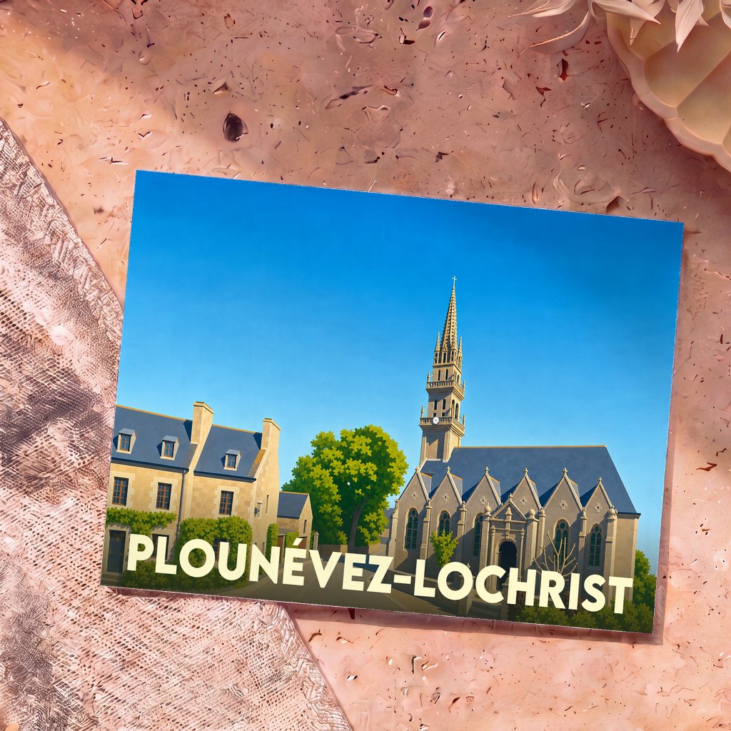 Carte postale souvenir de la ville de Plounévez-Lochrist avec une illustration stylisée de son église et de ses maisons typiques.
