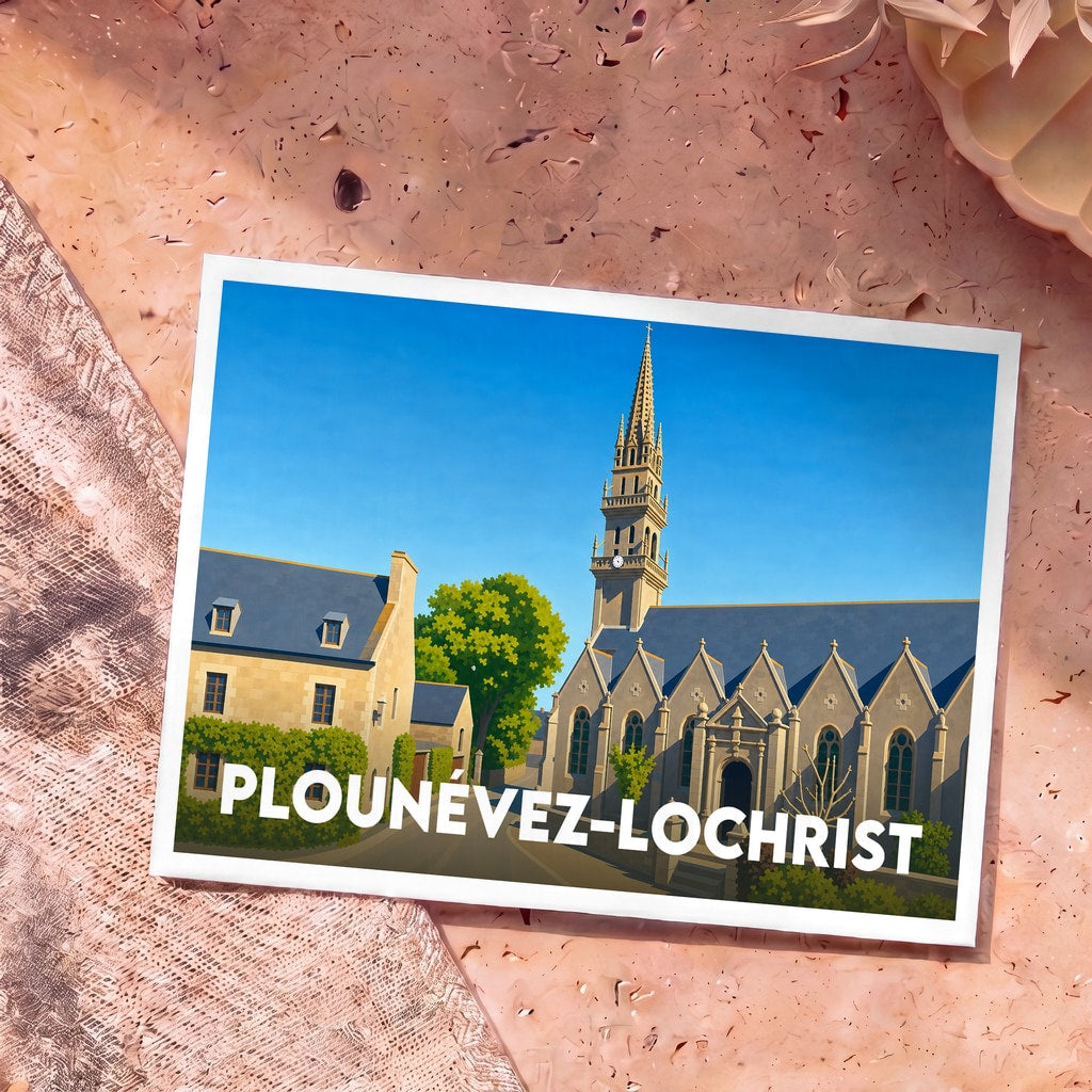 Carte postale souvenir de la ville de Plounévez-Lochrist avec une illustration stylisée de son église et de ses maisons typiques.