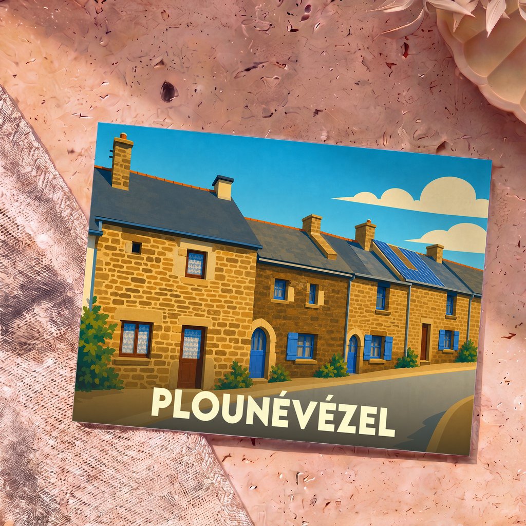 Carte postale souvenir de la ville de Plounévézel avec une illustration stylisée de maisons en pierre aux volets bleus.