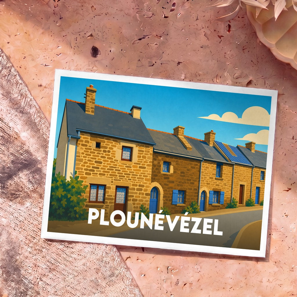 Carte postale souvenir de la ville de Plounévézel avec une illustration stylisée de maisons en pierre aux volets bleus.