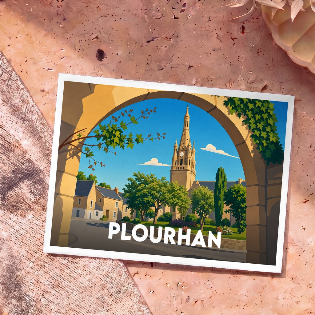 Carte postale souvenir de la ville de Plourhan avec une illustration stylisée d'un clocher encadré par une arche de pierre.
