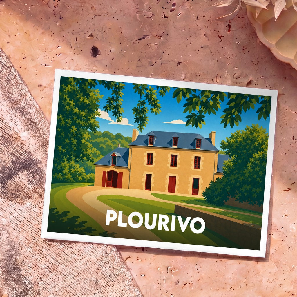 Carte postale souvenir de la ville de Plourivo avec une illustration stylisée d'un manoir breton.