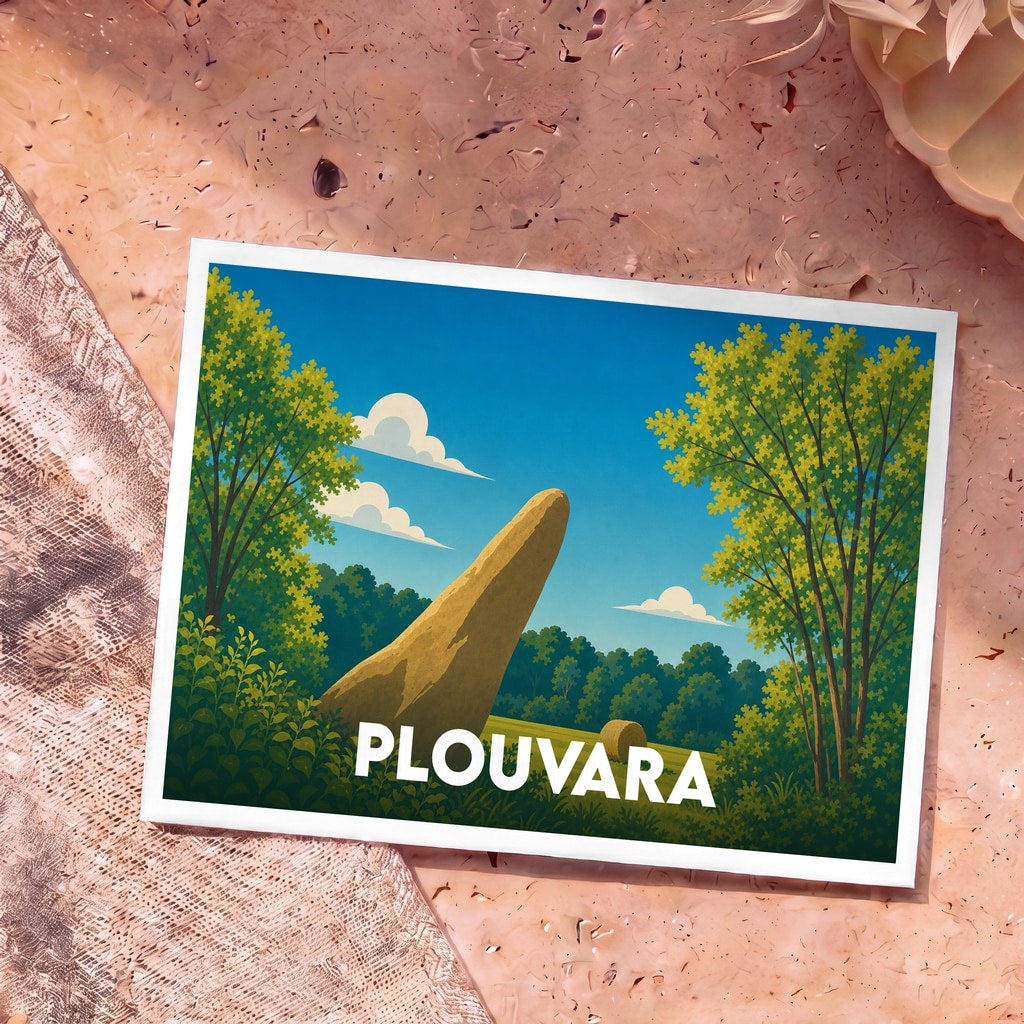 Carte postale souvenir de la ville de Plouvara avec une illustration stylisée d'un menhir dans un champ breton.