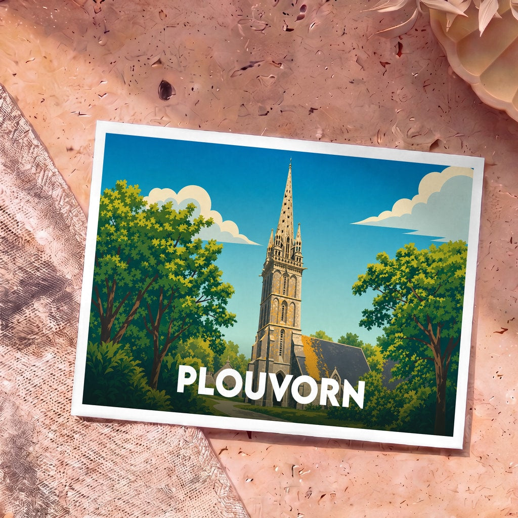 Carte postale souvenir de la ville de Plouvorn illustrant son église avec un style graphique épuré.