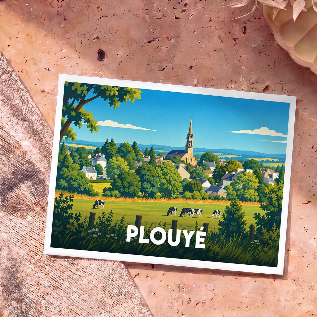 Carte postale souvenir de la ville de Plouyé illustrant un paysage champêtre stylisé avec son clocher et des vaches au pâturage.