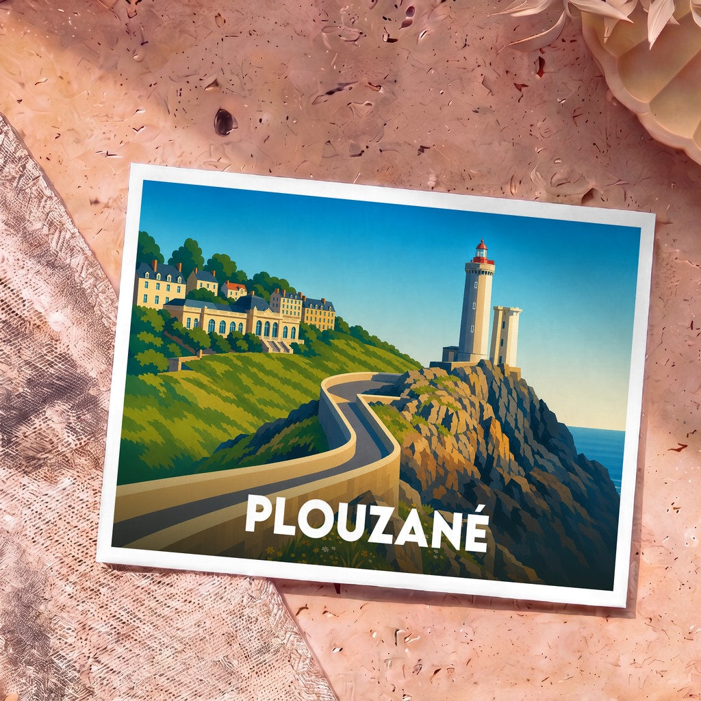 Carte postale souvenir de la ville de Plouzané illustrant le phare du Petit Minou dans un style graphique épuré.