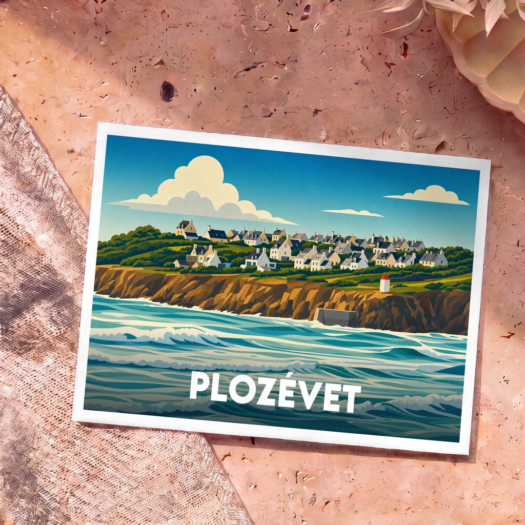Carte postale souvenir de la ville de Plozévet avec une illustration stylisée d'un village côtier breton.