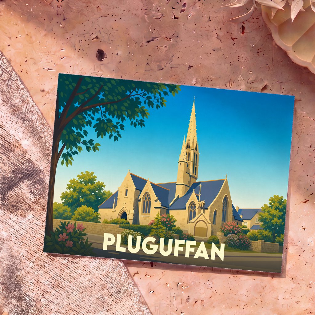 Carte postale souvenir de la ville de Pluguffan avec une illustration stylisée de son église.