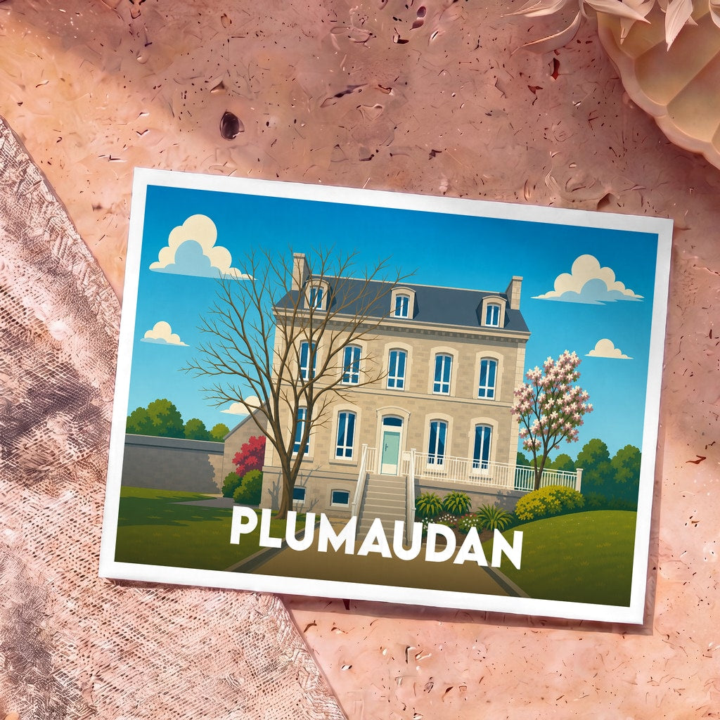 Carte postale souvenir de la ville de Plumaudan illustrant une demeure bourgeoise de style traditionnel.