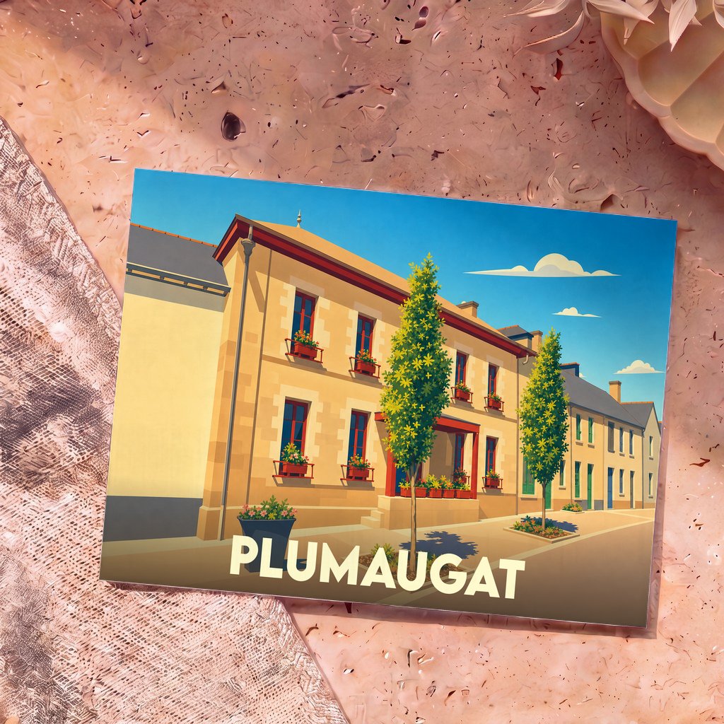 Carte postale souvenir de la ville de Plumaugat illustrant une rue pittoresque avec des bâtiments en pierre et des jardinières fleuries.