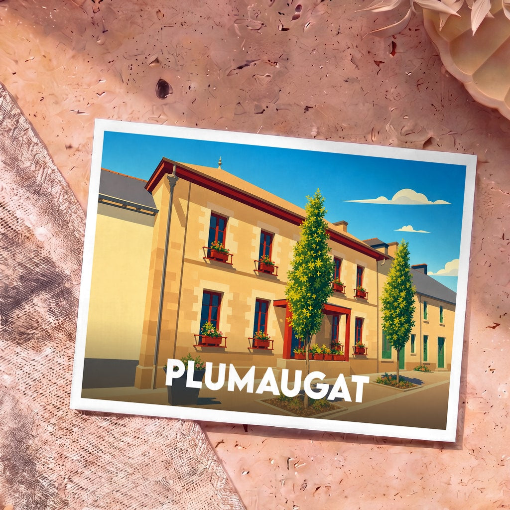 Carte postale souvenir de la ville de Plumaugat illustrant une rue pittoresque avec des bâtiments en pierre et des jardinières fleuries.