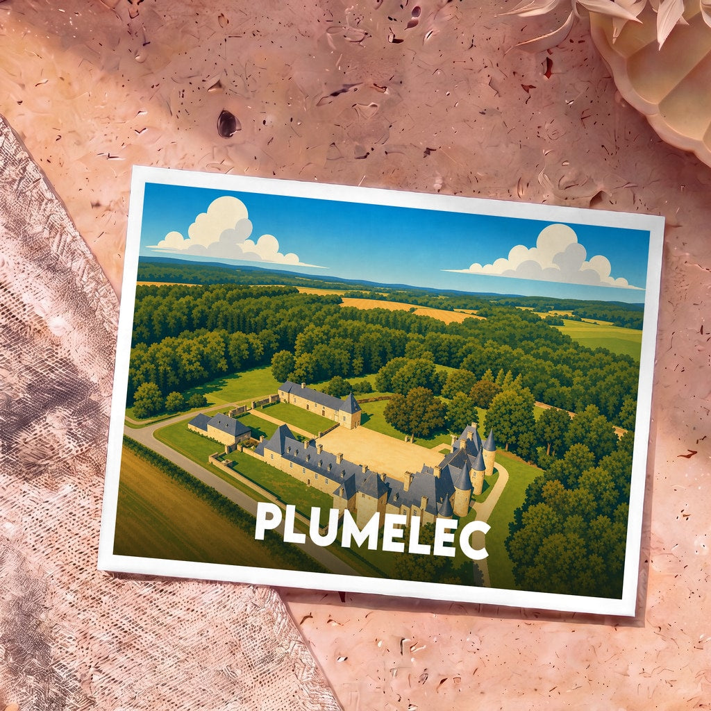 Carte postale souvenir de la ville de Plumelec illustrant son château et ses paysages verdoyants dans un style graphique épuré.