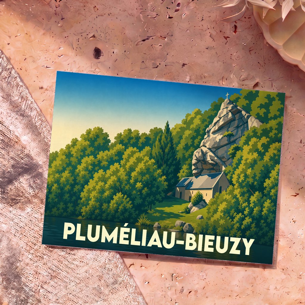 Carte postale souvenir de la ville de Pluméliau-Bieuzy avec une illustration stylisée de la chapelle Saint-Gildas nichée sous un rocher.