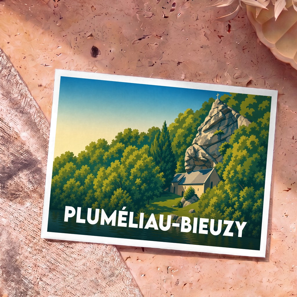 Carte postale souvenir de la ville de Pluméliau-Bieuzy avec une illustration stylisée de la chapelle Saint-Gildas nichée sous un rocher.