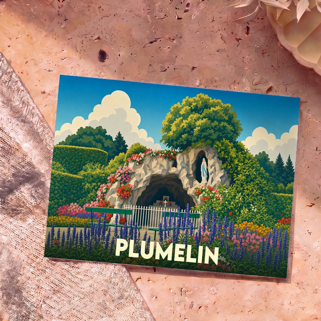 Carte postale souvenir de la ville de Plumelin avec une illustration stylisée d'une grotte fleurie et d'une statue religieuse.