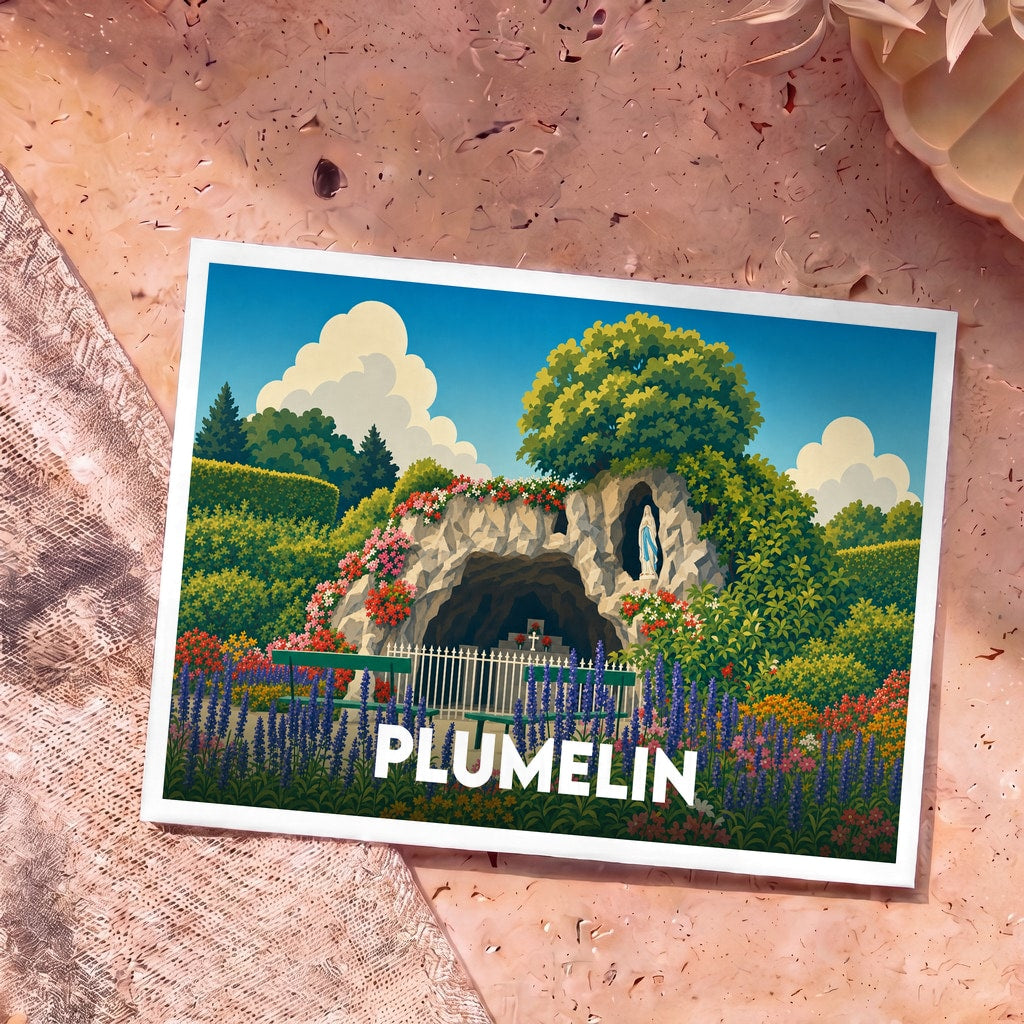 Carte postale souvenir de la ville de Plumelin avec une illustration stylisée d'une grotte fleurie et d'une statue religieuse.