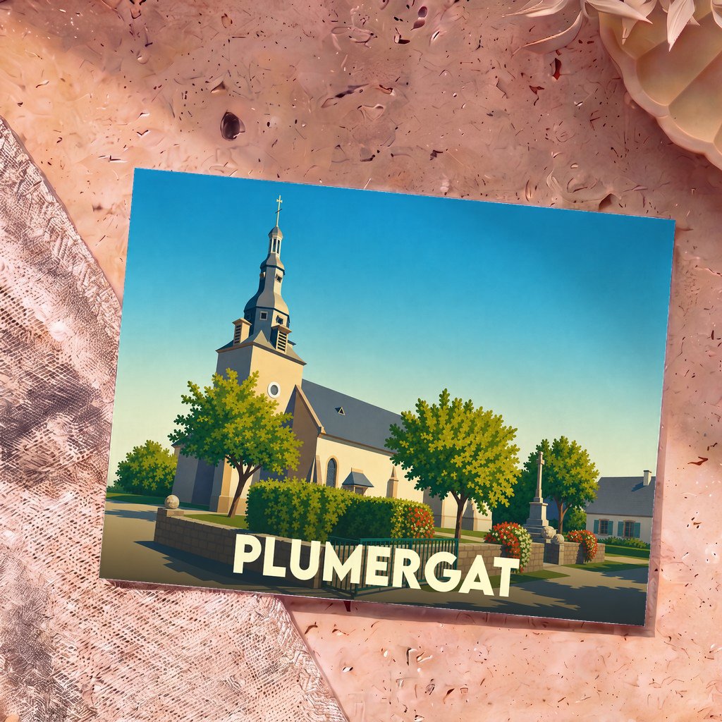 Carte postale souvenir de la ville de Plumergat avec une illustration stylisée de son église et de son centre-ville.