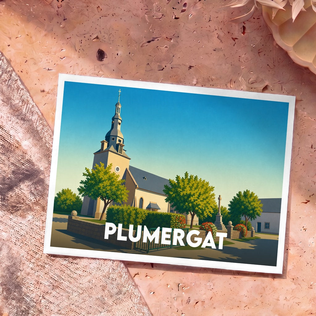 Carte postale souvenir de la ville de Plumergat avec une illustration stylisée de son église et de son centre-ville.