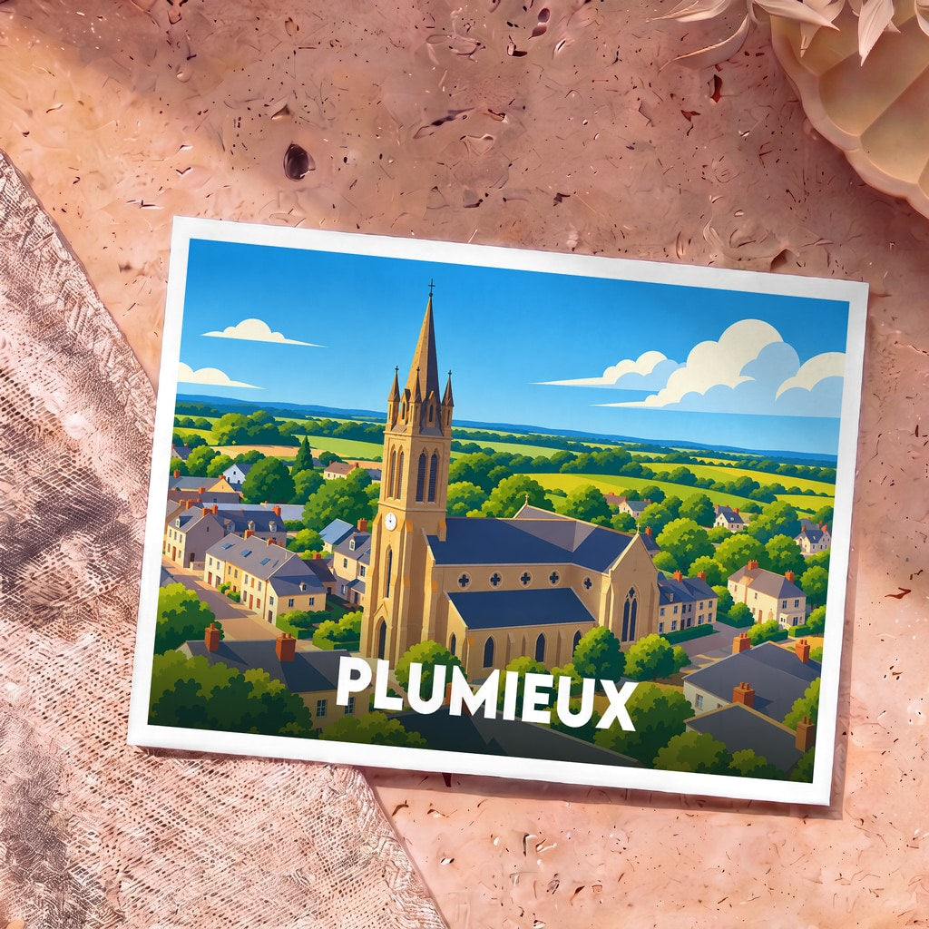 Carte postale souvenir de la ville de Plumieux avec une illustration stylisée d'une église au cœur d'un village verdoyant.