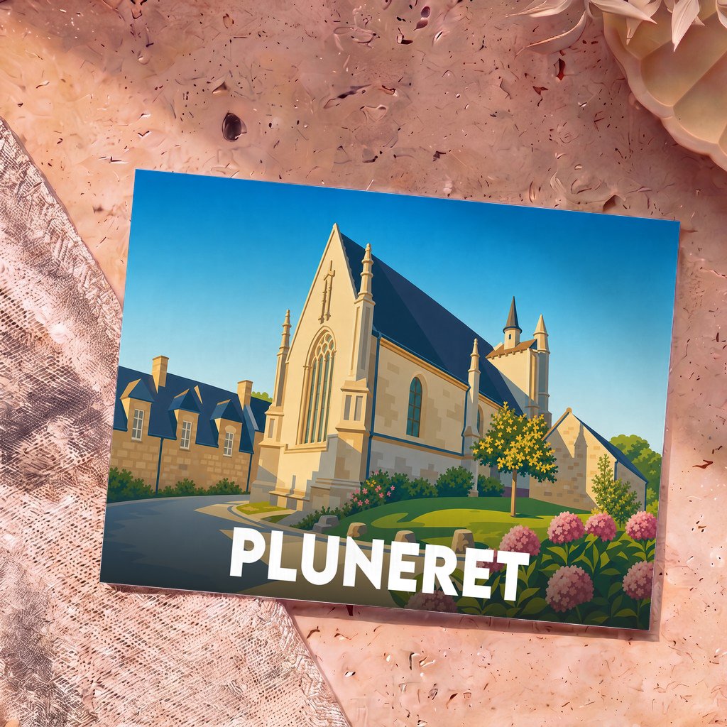 Carte postale souvenir de la ville de Pluneret illustrant son église et ses maisons typiques dans un style graphique épuré.