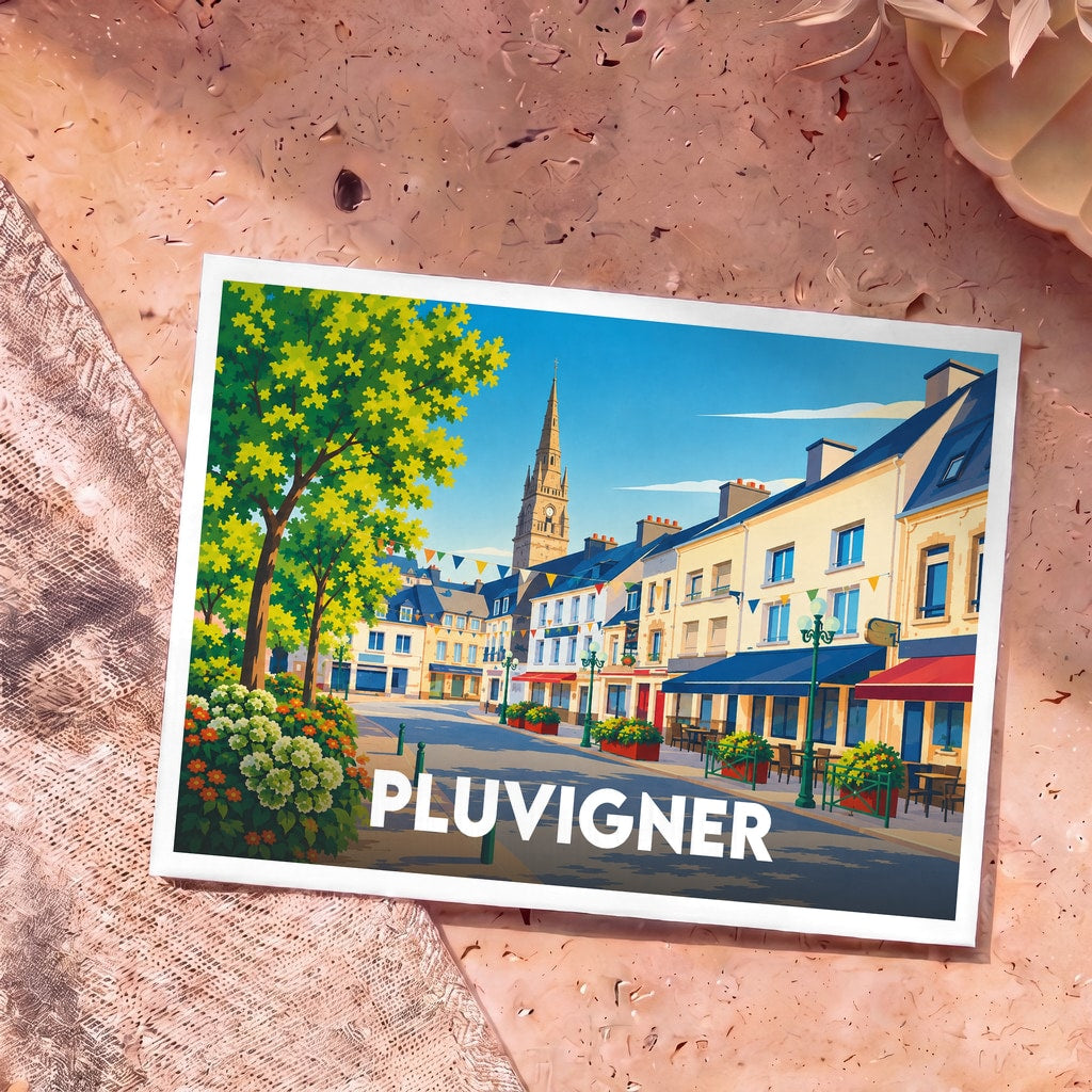 Carte postale souvenir de la ville de Pluvigner avec une illustration colorée et stylisée de son centre-ville.
