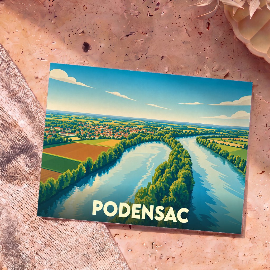 Carte postale souvenir de la ville de Podensac avec une illustration stylisée représentant la Garonne et ses paysages environnants.