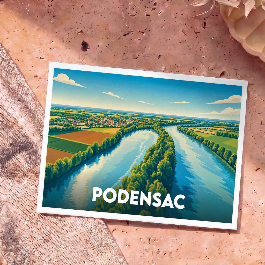 Carte postale souvenir de la ville de Podensac avec une illustration stylisée représentant la Garonne et ses paysages environnants.