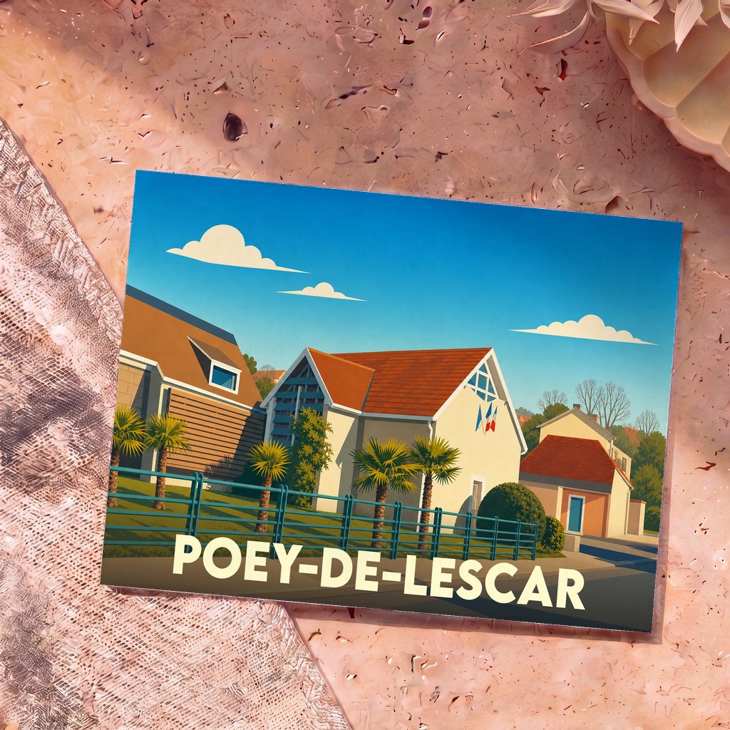 Carte postale souvenir de la ville de Poey-de-Lescar avec une illustration colorée et stylisée.