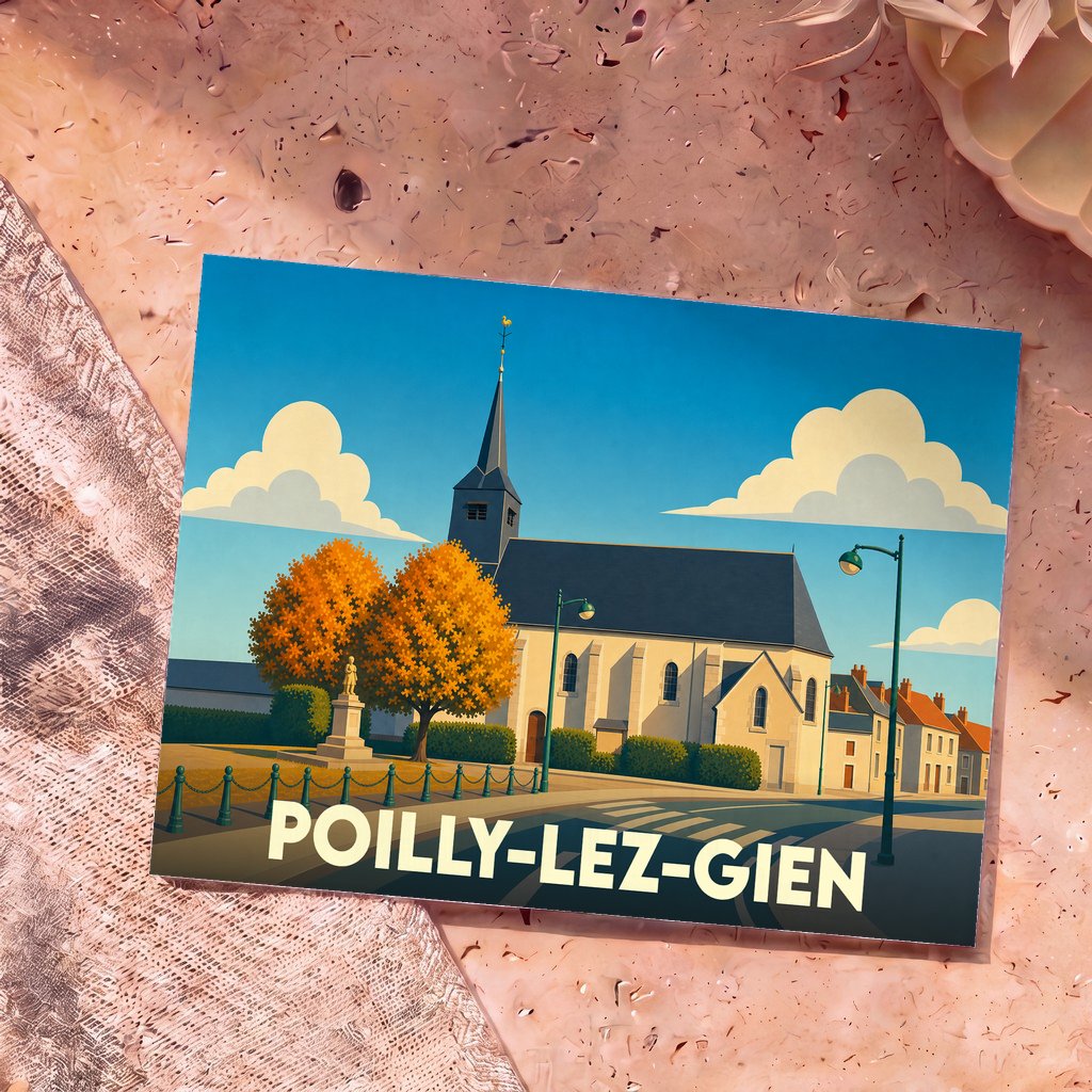 Carte postale souvenir de la ville de Poilly-lez-Gien avec une illustration stylisée de son église sous un ciel bleu.