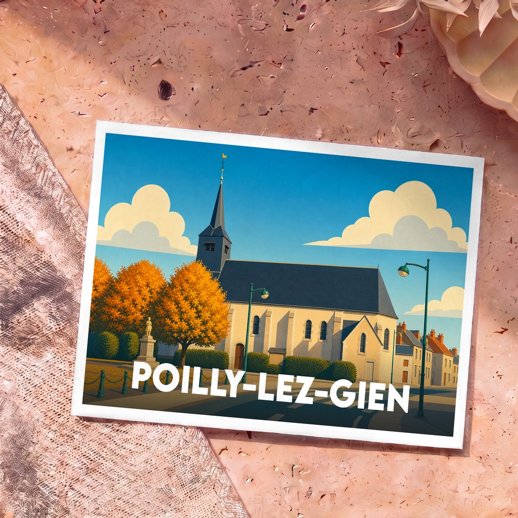 Carte postale souvenir de la ville de Poilly-lez-Gien avec une illustration stylisée de son église sous un ciel bleu.