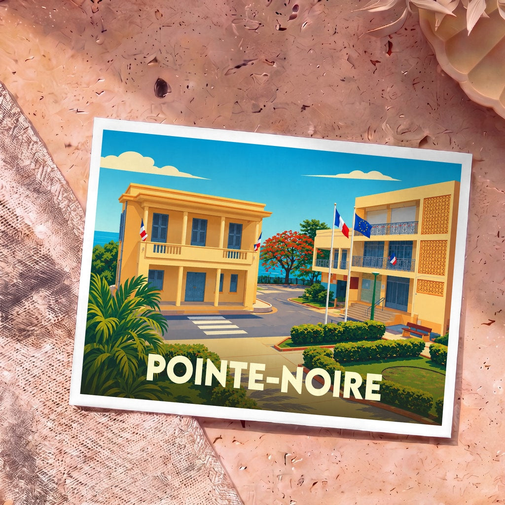 Carte postale souvenir de la ville de Pointe-Noire avec une illustration colorée de bâtiments officiels.