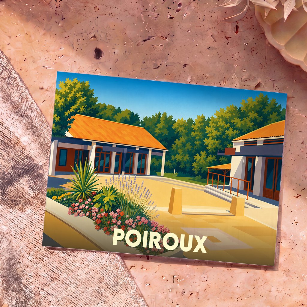 Carte postale souvenir de la ville de Poiroux avec une illustration stylisée et colorée de ses bâtiments.
