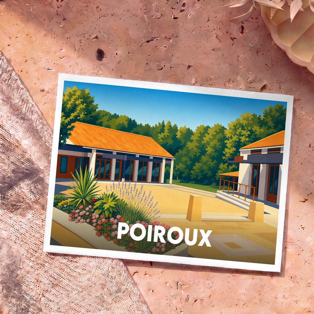 Carte postale souvenir de la ville de Poiroux avec une illustration stylisée et colorée de ses bâtiments.