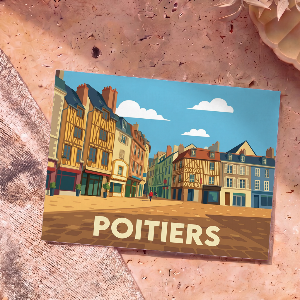 Carte postale souvenir de la ville de Poitiers avec une illustration stylisée de ses maisons médiévales à colombages.