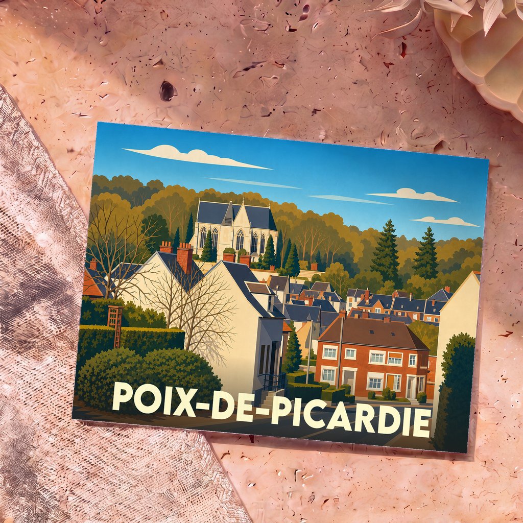 Carte postale souvenir de Poix-de-Picardie présentant une illustration stylisée et colorée de la ville.