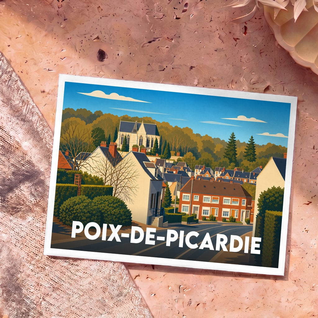 Carte postale souvenir de Poix-de-Picardie présentant une illustration stylisée et colorée de la ville.