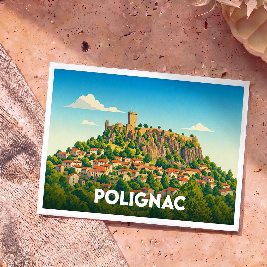 Carte postale souvenir de la ville de Polignac avec une illustration stylisée de sa forteresse sur un piton rocheux.