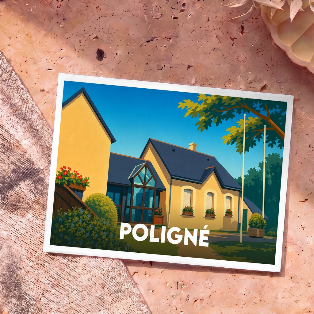 Carte postale souvenir de la ville de Poligné avec une illustration stylisée d'une maison jaune sous un ciel bleu.