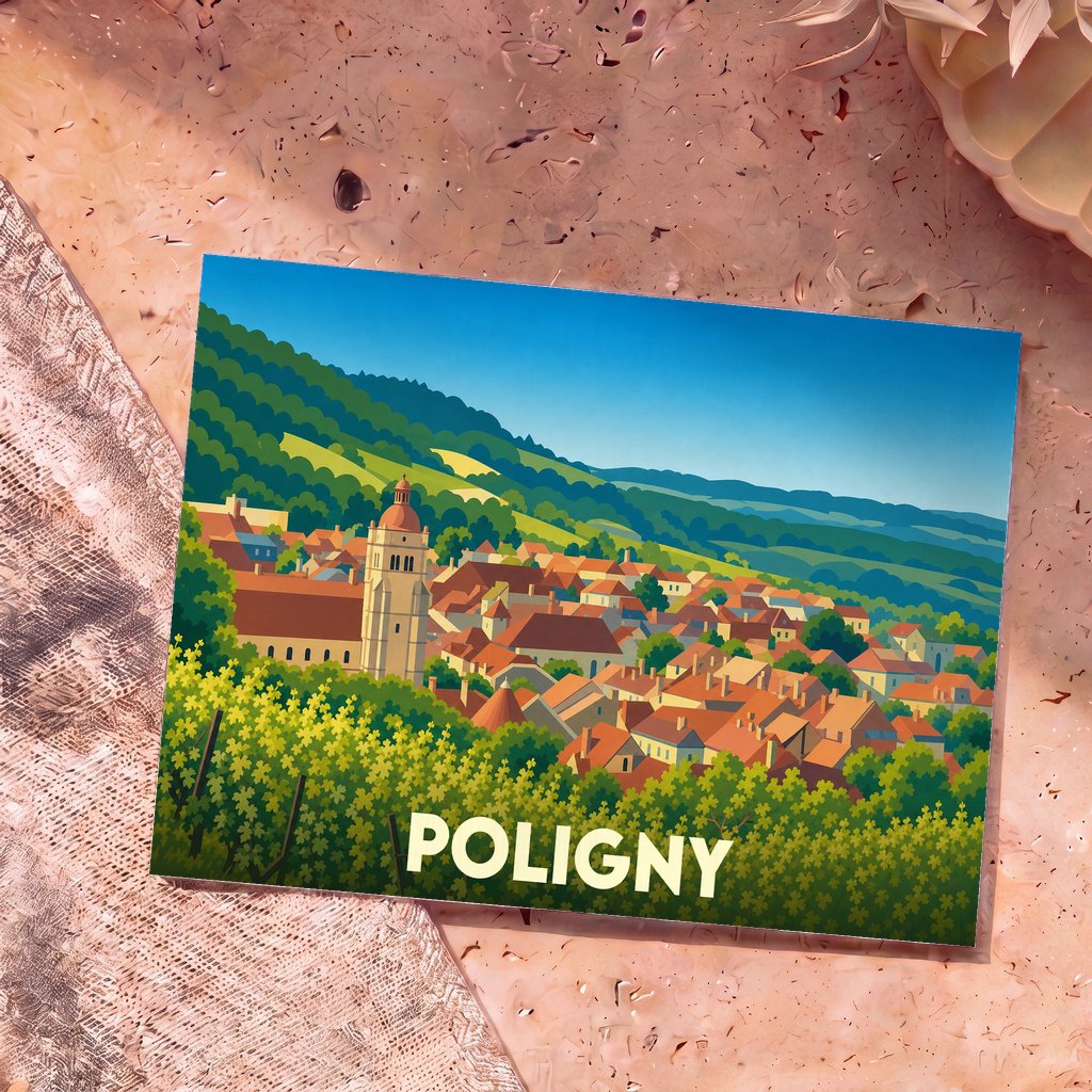 Carte postale souvenir de la ville de Poligny présentant une illustration stylisée et colorée de ses toits rouges et de son clocher nichés au cœur des vignes.