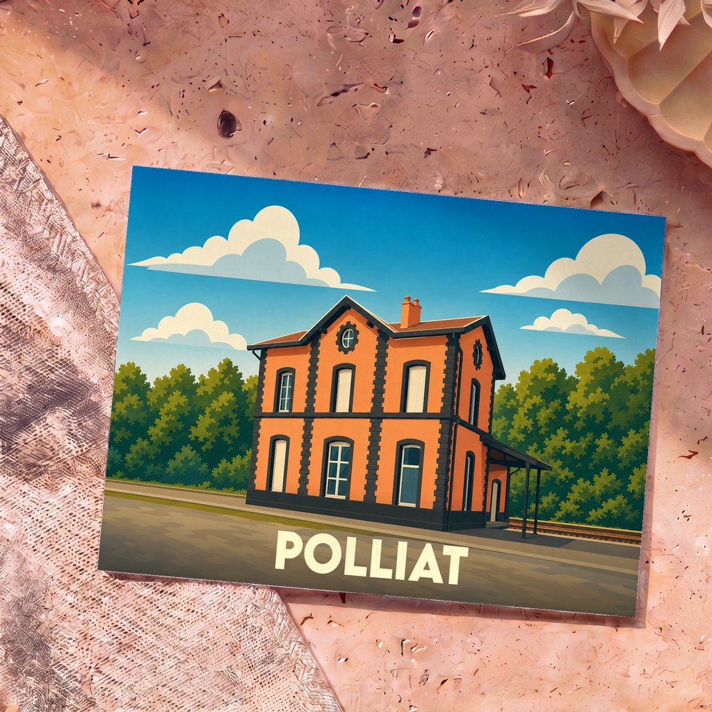 Carte postale souvenir de la ville de Polliat avec une illustration stylisée de son ancienne gare.