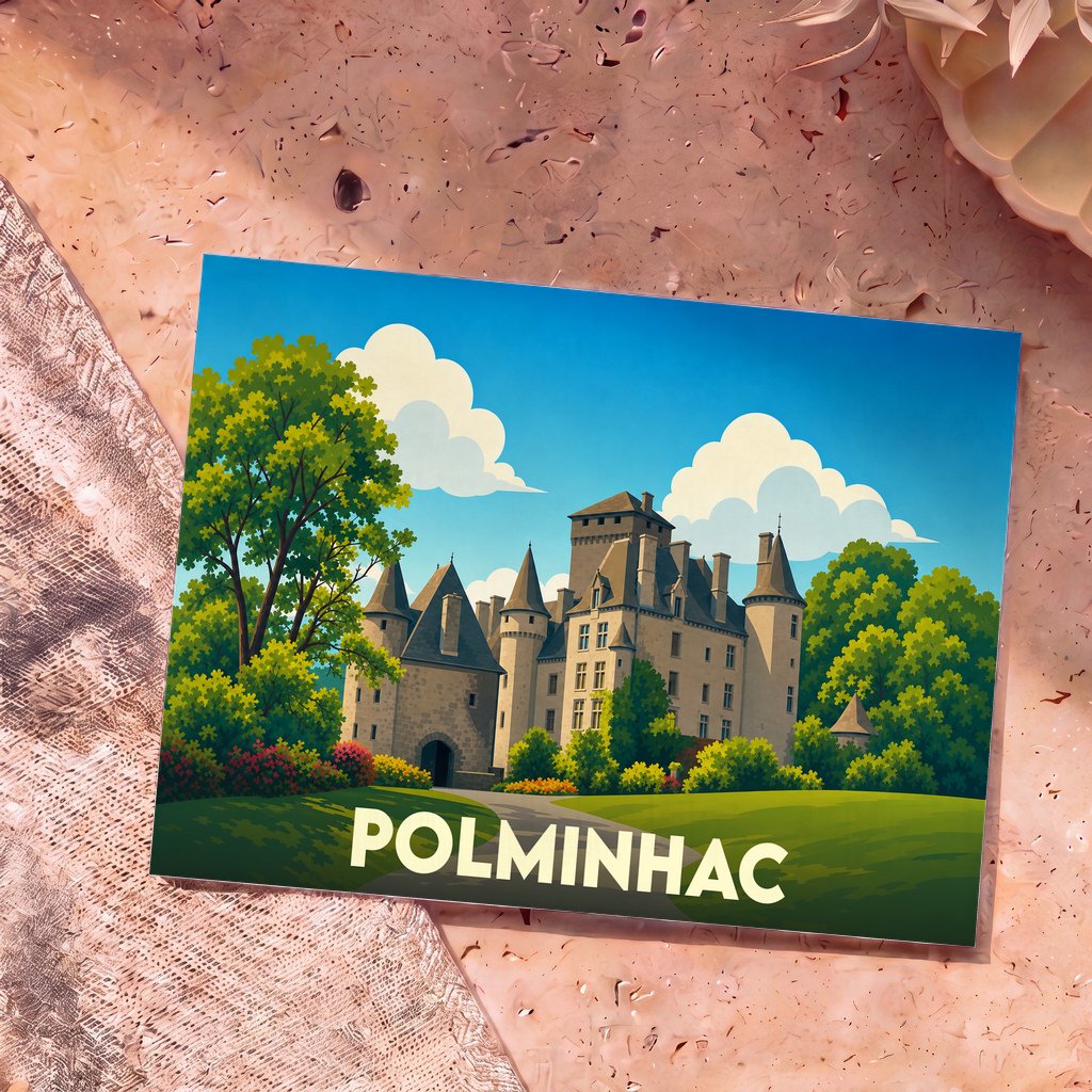 Carte postale souvenir de la ville de Polminhac avec une illustration stylisée de son château.