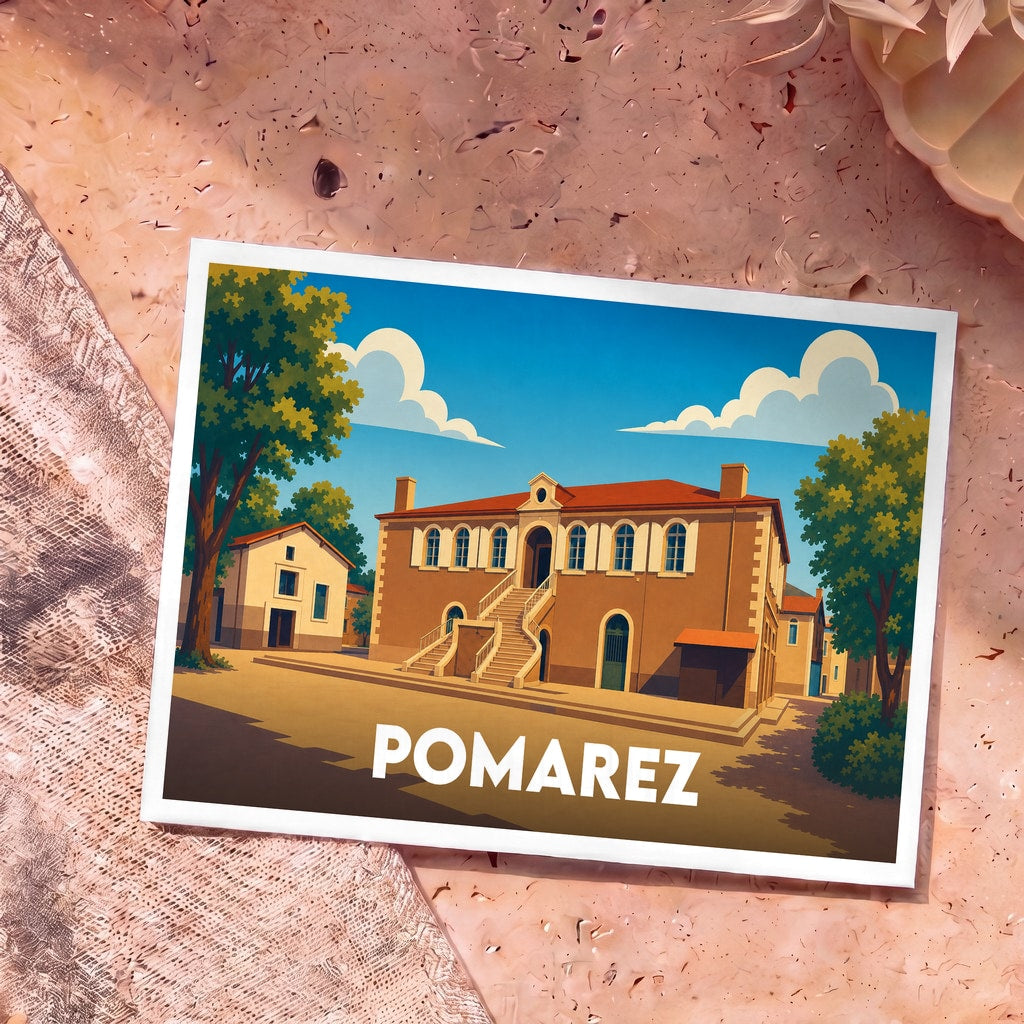 Carte postale souvenir de la ville de Pomarez avec une illustration stylisée de ses arènes.