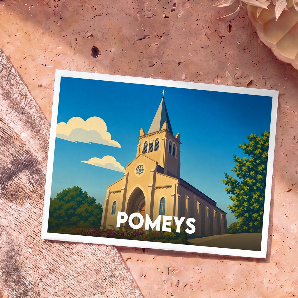 Carte postale souvenir de la ville de Pomeys avec une illustration stylisée d'une église sous un ciel bleu.