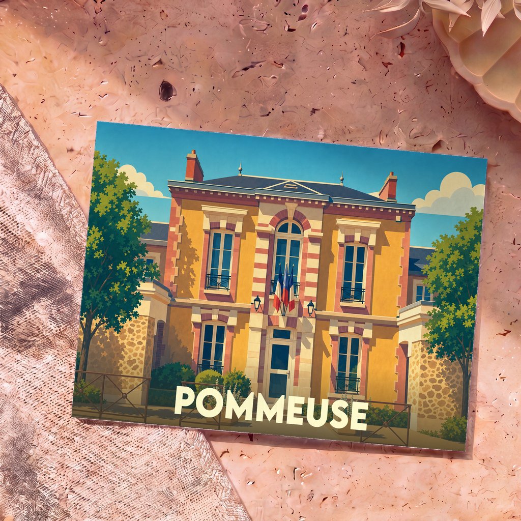 Carte postale souvenir de la ville de Pommeuse avec une illustration stylisée de sa mairie.