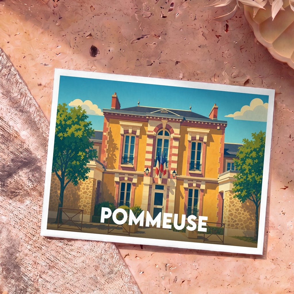 Carte postale souvenir de la ville de Pommeuse avec une illustration stylisée de sa mairie.
