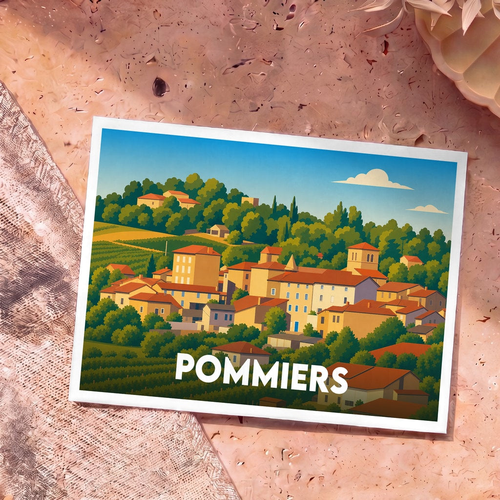 Carte postale souvenir de la ville de Pommiers avec une illustration stylisée d'un village niché dans les vignobles.