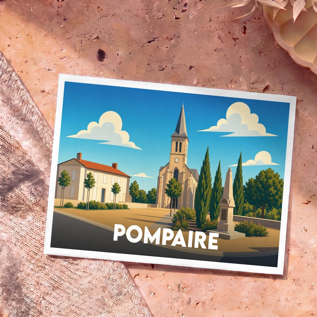 Carte postale souvenir de la ville de Pompaire illustrant son église et son monument aux morts dans un style graphique épuré.