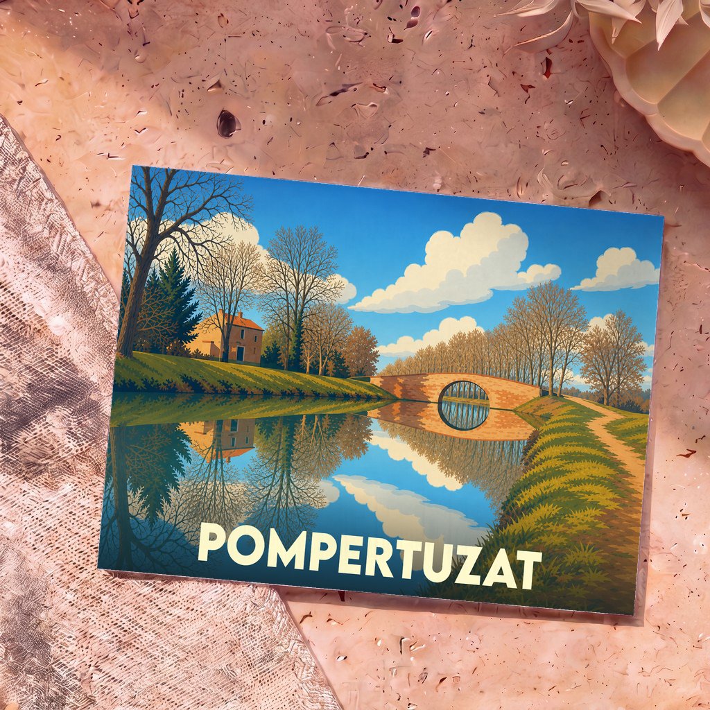 Carte postale souvenir de la ville de Pompertuzat avec une illustration stylisée du canal du Midi.